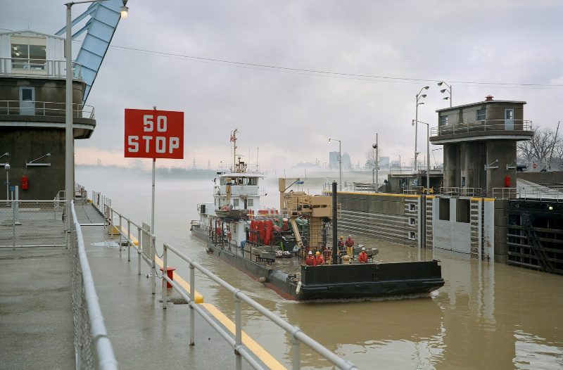 Coast Guard buoy tender Obion entering main lock at McAlpine Locks, 1999, Ohio River mile 607, by William Alden